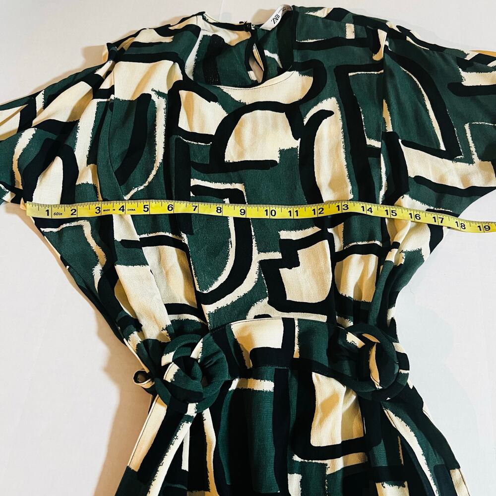 Zara Frida Abstract Print Side Belted Dress Size XS Green Cream - Picture 6 of 8